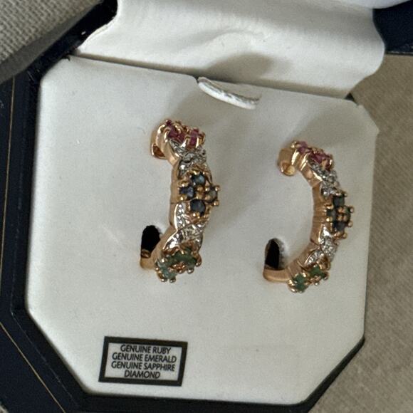 Ruby Emerald Sapphire Diamond Floral Cluster Semi Hoop Earrings 18K GP 925 - Picture 2 of 16